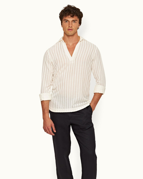 Orlebar Brown Orlebar Brown | White Tonal Chenille Stripe Relaxed Fit Overhead Shirt – ORLEBAR BROWN