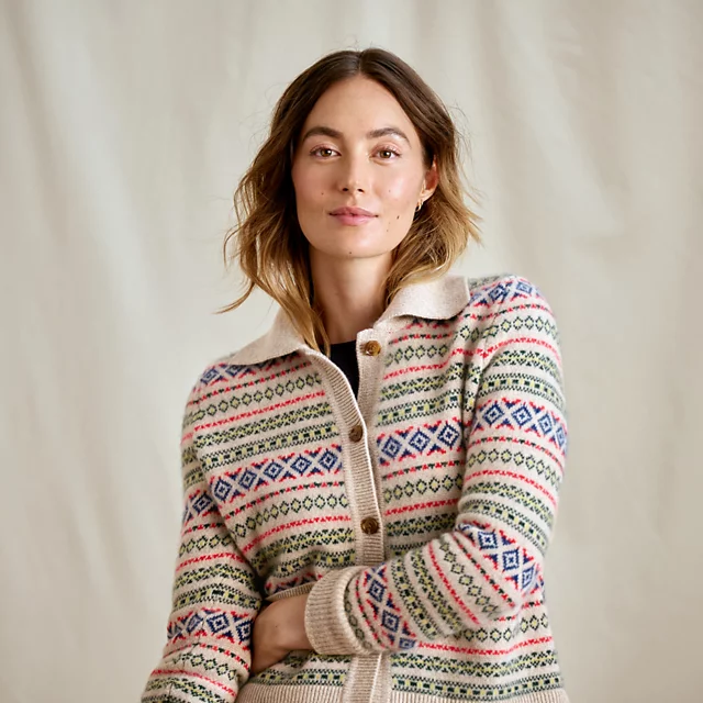 Orvis Fair Isle Patterned Brushed Cashmere Cardigan BARLEY HEATHER