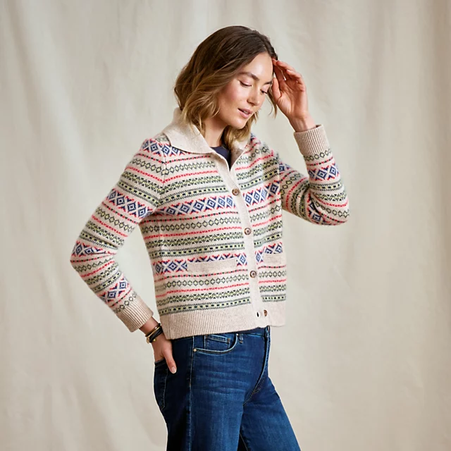 Orvis Fair Isle Patterned Brushed Cashmere Cardigan BARLEY HEATHER