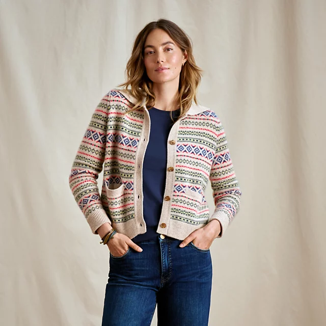 orvis Fair Isle Patterned Brushed Cashmere Cardigan BARLEY HEATHER