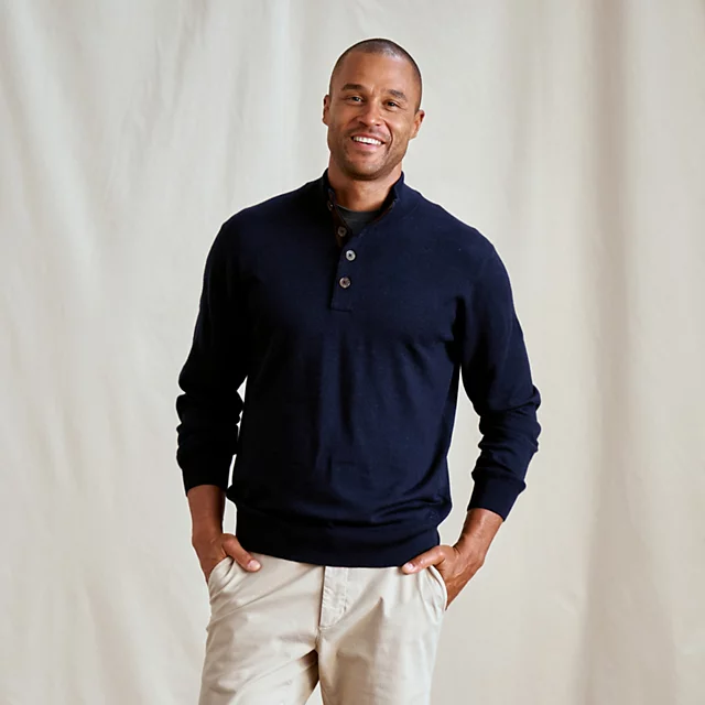 orvis Merino Button Mockneck Sweater NAVY