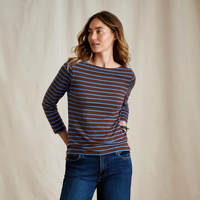 orvis Perfect 3/4-Sleeve Boatneck Tee RAISIN/BLUE JAY STRIPE