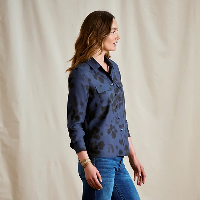 Orvis Washable Silk Long-Sleeve Shirt NAVY BLURRY BOTANICAL