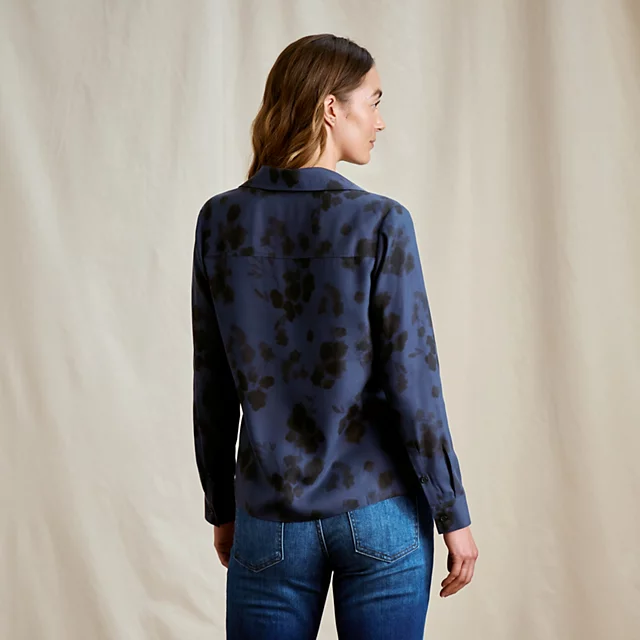 Orvis Washable Silk Long-Sleeve Shirt NAVY BLURRY BOTANICAL