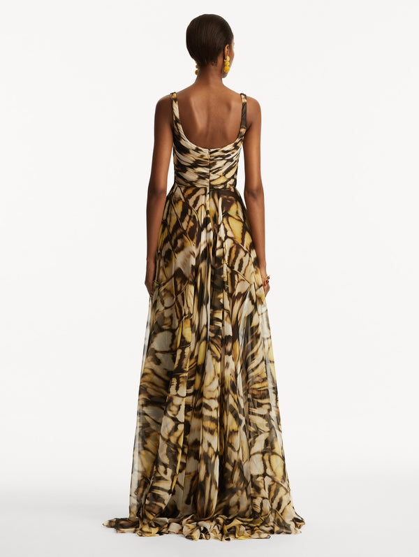 Oscar De La Renta Abstract Butterfly Silk Chiffon Gown