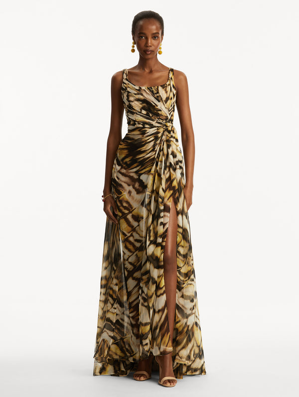 Oscar De La Renta Abstract Butterfly Silk Chiffon Gown