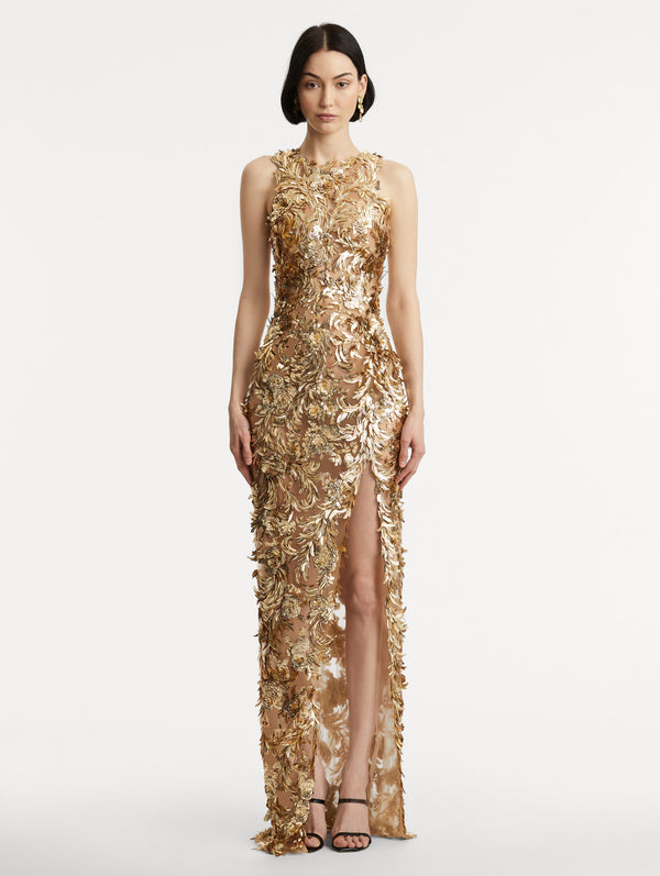 Oscar De La Renta Baroque Sequin Leaves Embroidered Gown