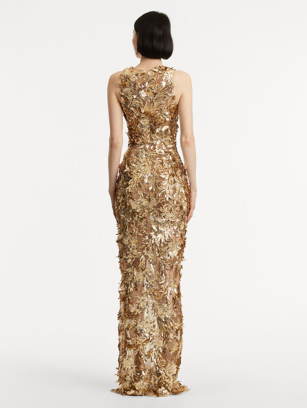 Oscar De La Renta Baroque Sequin Leaves Embroidered Gown