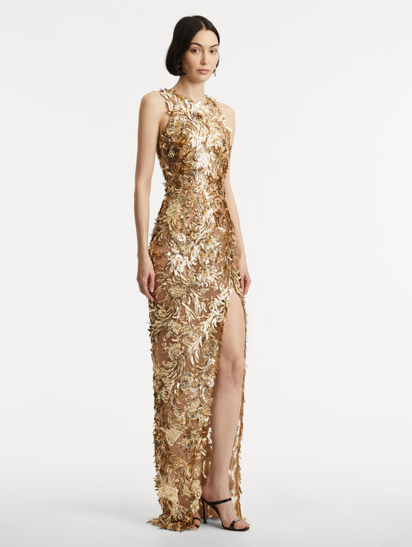 Oscar De La Renta Baroque Sequin Leaves Embroidered Gown