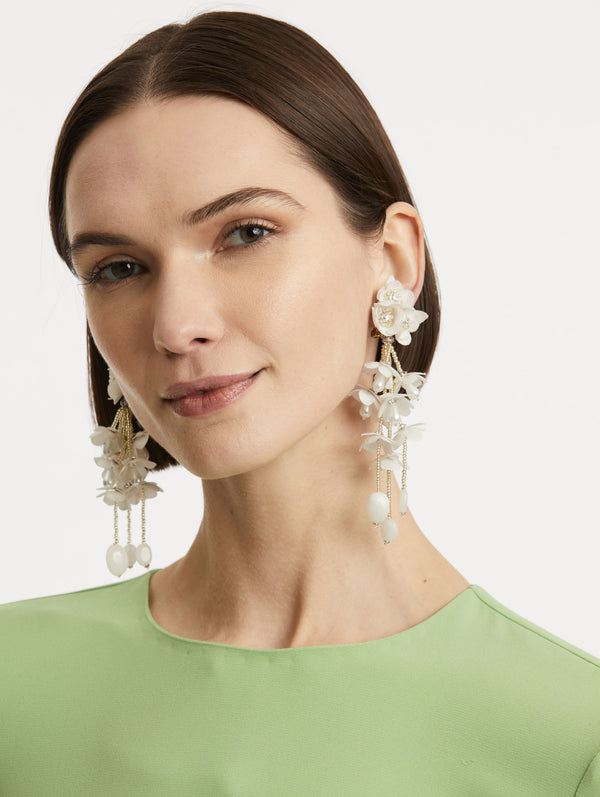 Oscar De La Renta Beaded Flower Drop Clip-On Earrings