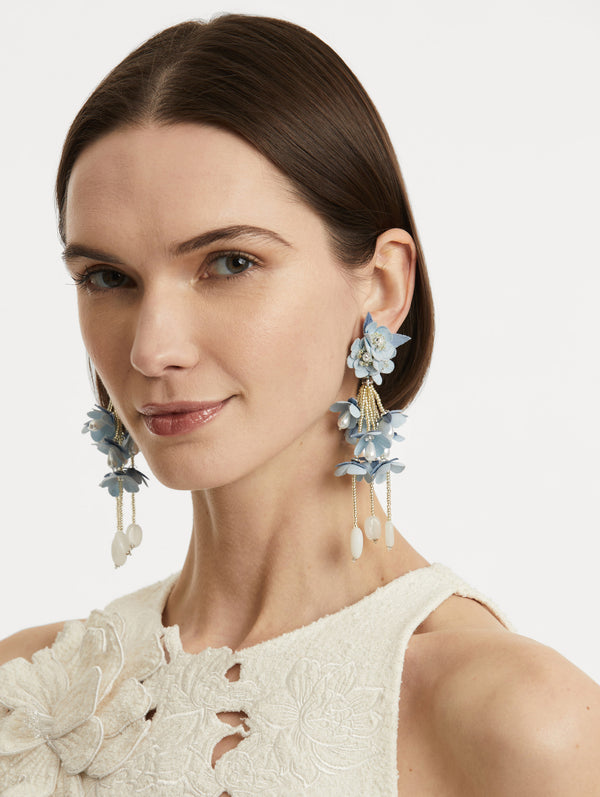 Oscar De La Renta Beaded Flower Drop Clip-On Earrings
