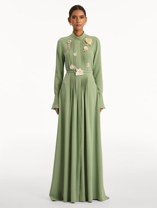 Oscar De La Renta Brooch Embroidered Long Sleeve Caftan