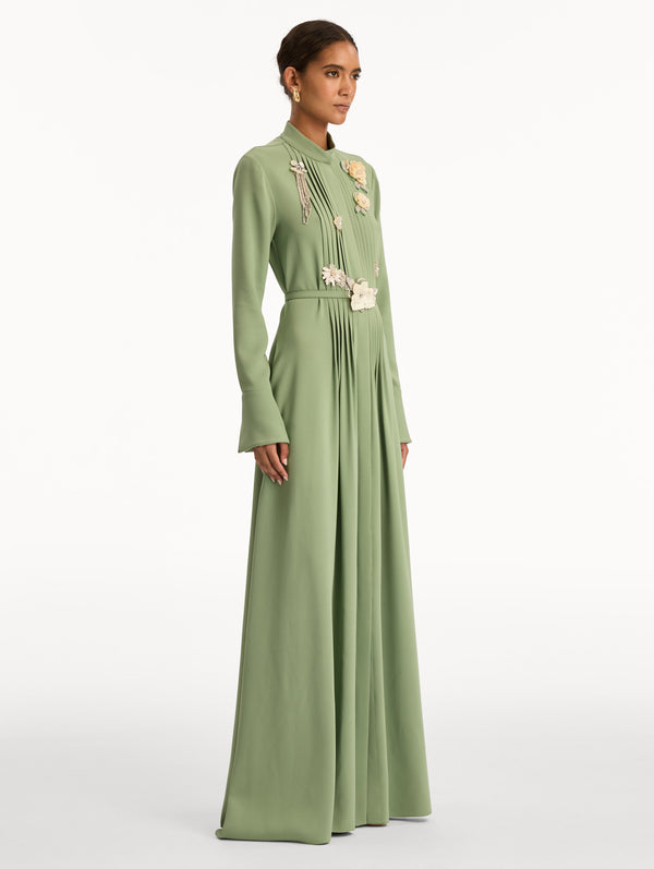 Oscar De La Renta Brooch Embroidered Long Sleeve Caftan