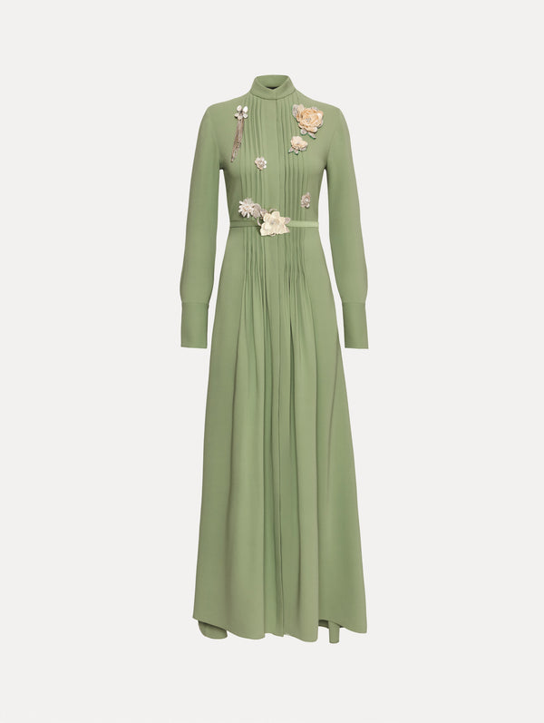 oscar de la renta Brooch Embroidered Long Sleeve Caftan