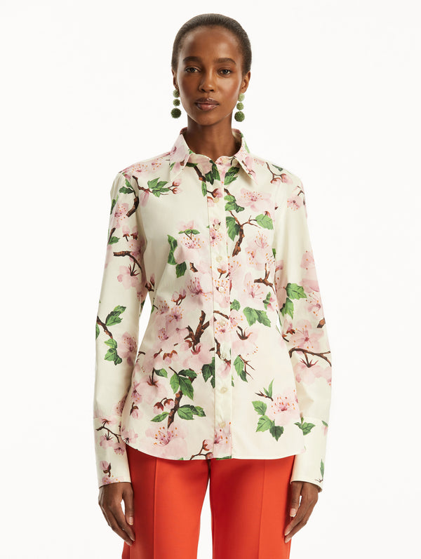 Oscar De La Renta Cherry Blossom Cotton Poplin Blouse