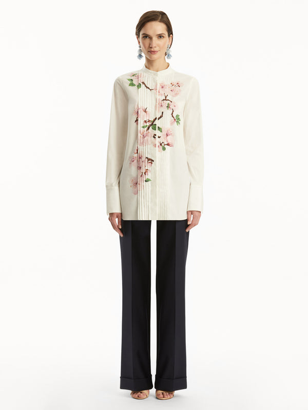 Oscar De La Renta Cherry Blossom Cotton Poplin Pleated Blouse