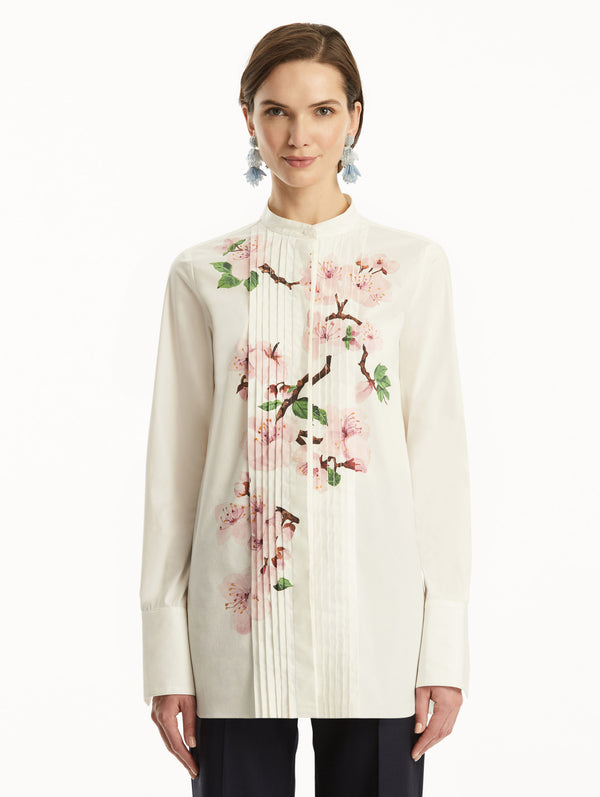 Oscar De La Renta Cherry Blossom Cotton Poplin Pleated Blouse