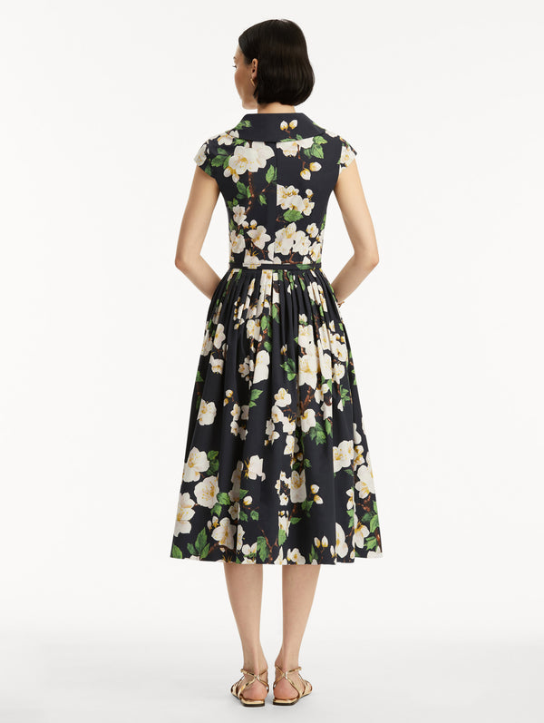 Oscar De La Renta Cherry Blossom Cotton Poplin Pleated Dress