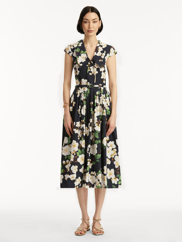 Oscar De La Renta Cherry Blossom Cotton Poplin Pleated Dress