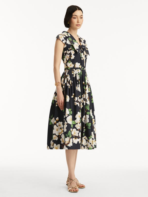 Oscar De La Renta Cherry Blossom Cotton Poplin Pleated Dress