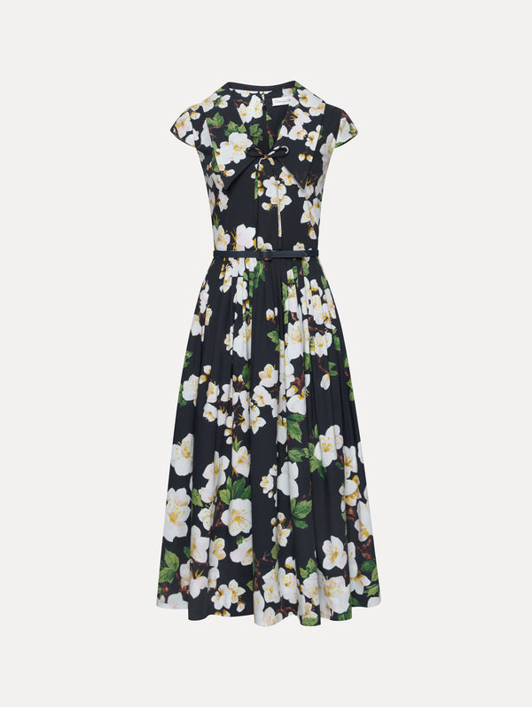 oscar de la renta Cherry Blossom Cotton Poplin Pleated Dress