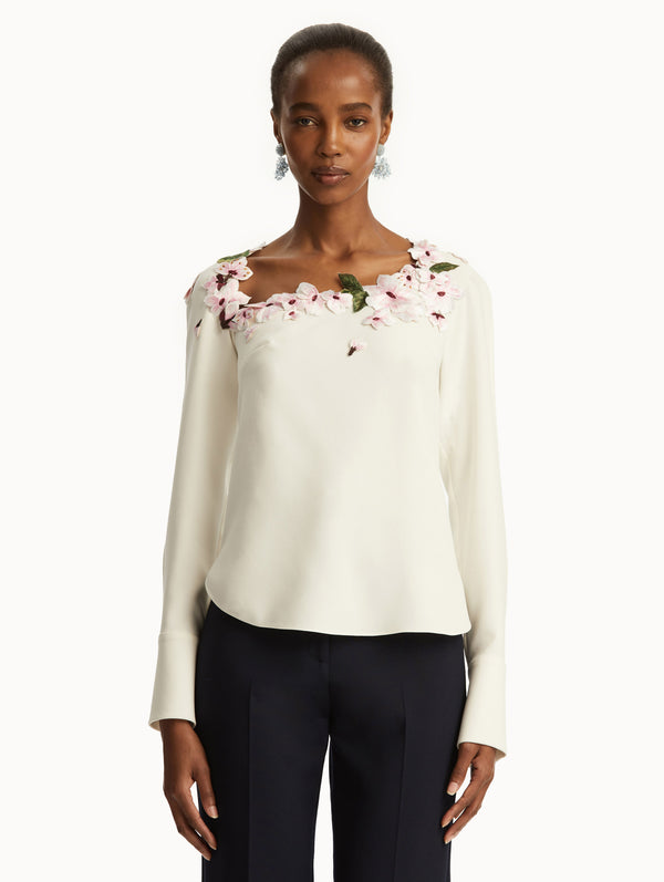 Oscar De La Renta Cherry Blossom Embroidered Blouse
