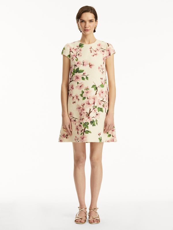 Oscar De La Renta Cherry Blossom Embroidered Cap Sleeve Dress