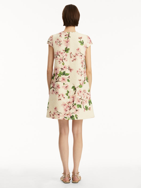Oscar De La Renta Cherry Blossom Embroidered Cap Sleeve Dress