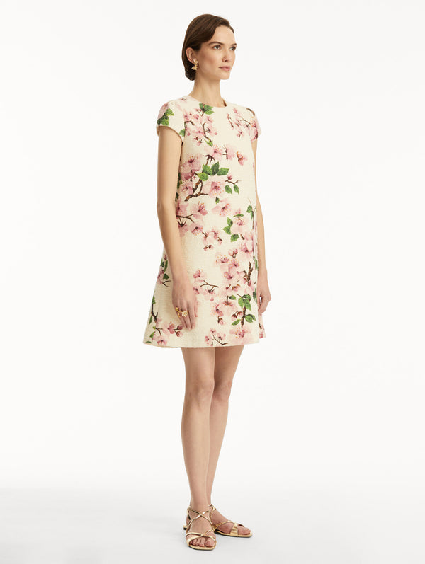 Oscar De La Renta Cherry Blossom Embroidered Cap Sleeve Dress