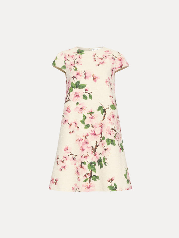 oscar de la renta Cherry Blossom Embroidered Cap Sleeve Dress