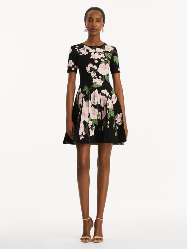 Oscar De La Renta Cherry Blossom Pleated Jacquard Dress