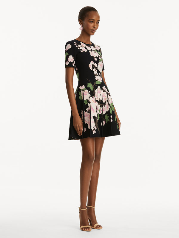 Oscar De La Renta Cherry Blossom Pleated Jacquard Dress