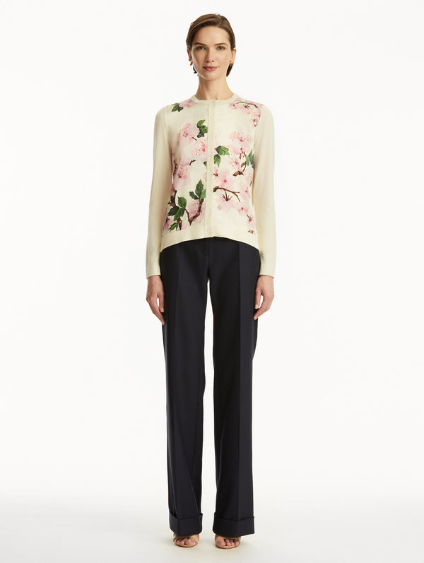 Oscar De La Renta Cherry Blossom Silk Inset Cardigan