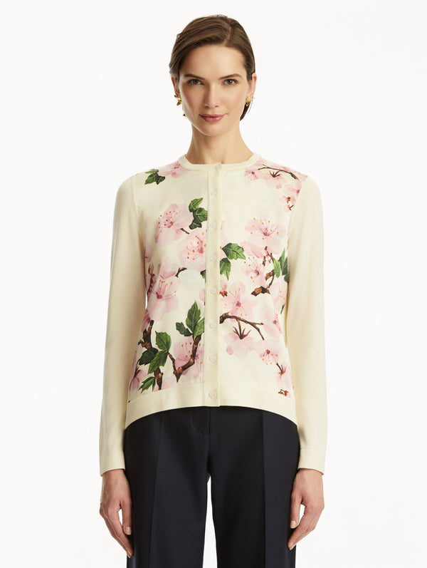 Oscar De La Renta Cherry Blossom Silk Inset Cardigan