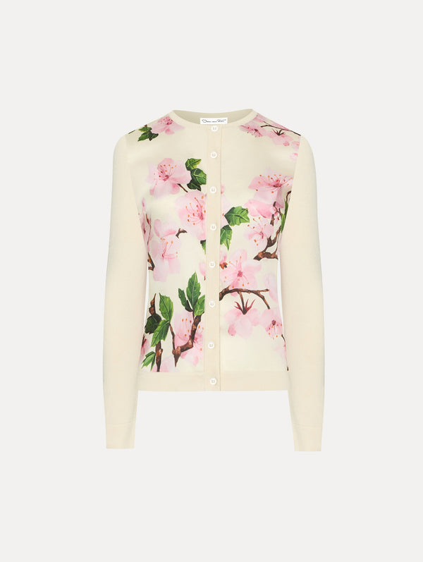 oscar de la renta Cherry Blossom Silk Inset Cardigan