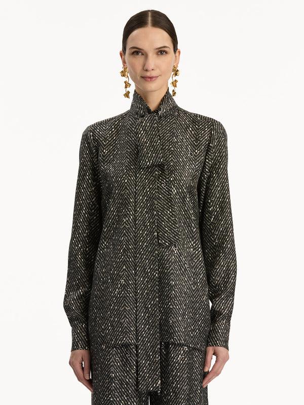 Oscar De La Renta Chevron Tie-Neck Silk Twill Blouse