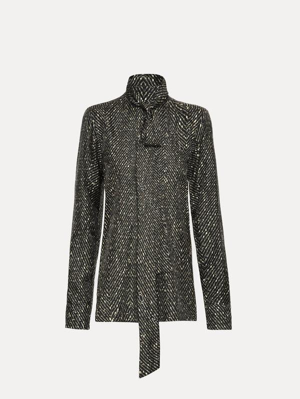 oscar de la renta Chevron Tie-Neck Silk Twill Blouse