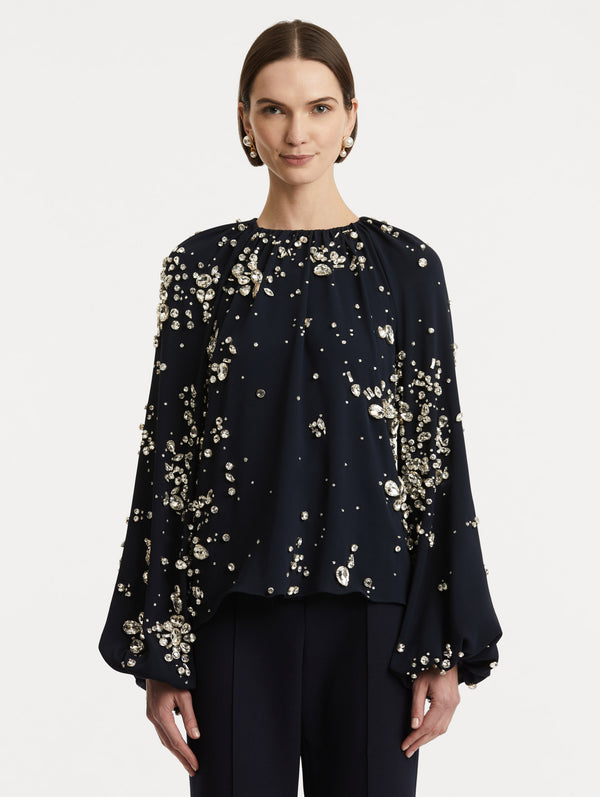 Oscar De La Renta Crystal Cluster Embroidered Blouse