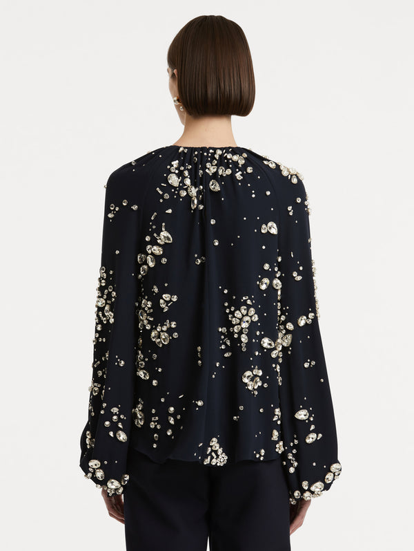 Oscar De La Renta Crystal Cluster Embroidered Blouse