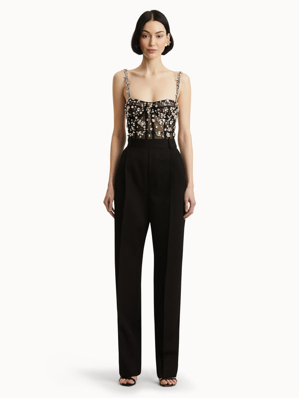 Oscar De La Renta Crystal Cluster Embroidered Jumpsuit