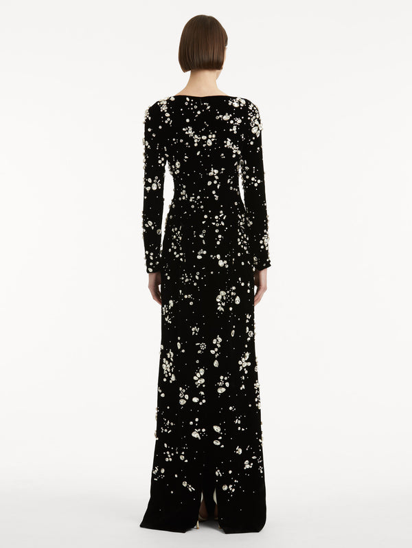 Oscar De La Renta Crystal Cluster Embroidered Long Sleeve Gown