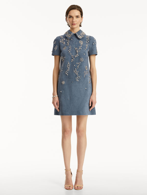 Oscar De La Renta Crystal Embroidered Suede Shift Dress