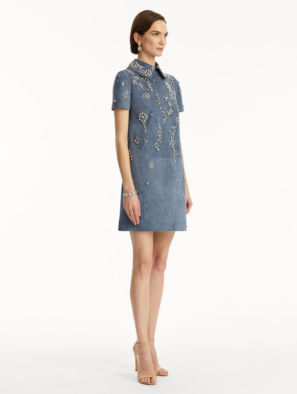Oscar De La Renta Crystal Embroidered Suede Shift Dress