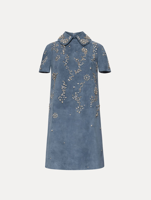 oscar de la renta Crystal Embroidered Suede Shift Dress
