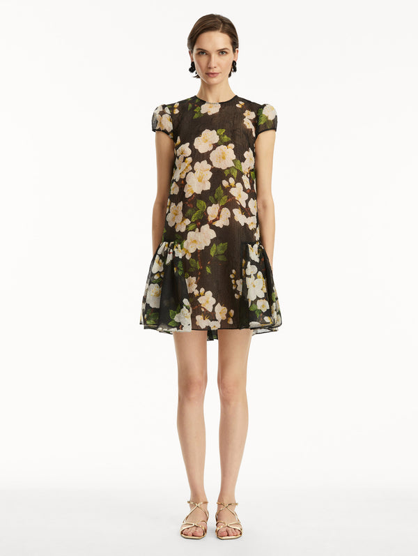 Oscar De La Renta Drop-Waist Cherry Blossom Cloqué Dress