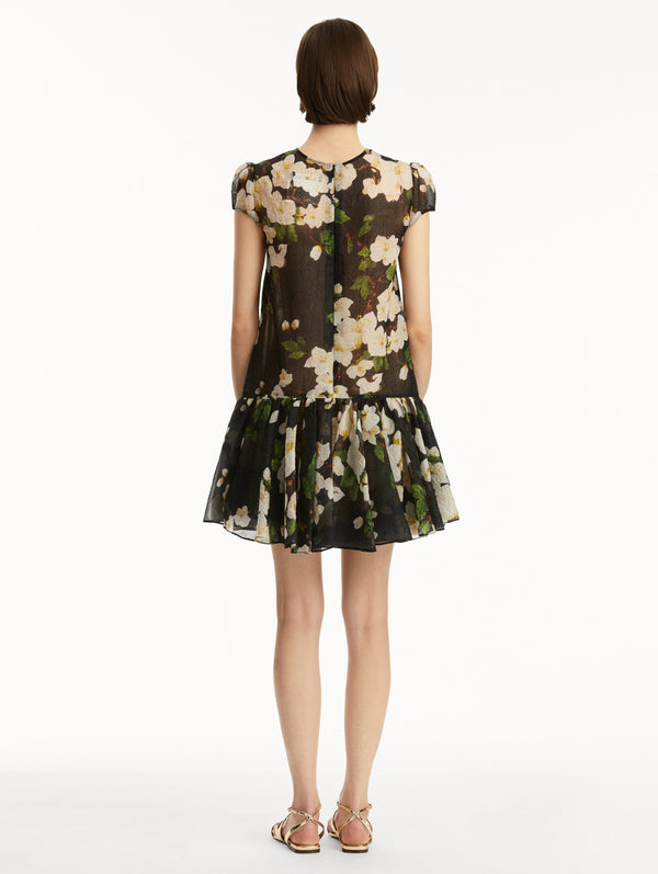 Oscar De La Renta Drop-Waist Cherry Blossom Cloqué Dress