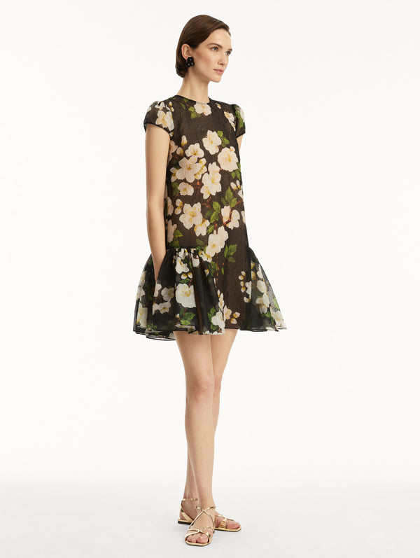 Oscar De La Renta Drop-Waist Cherry Blossom Cloqué Dress