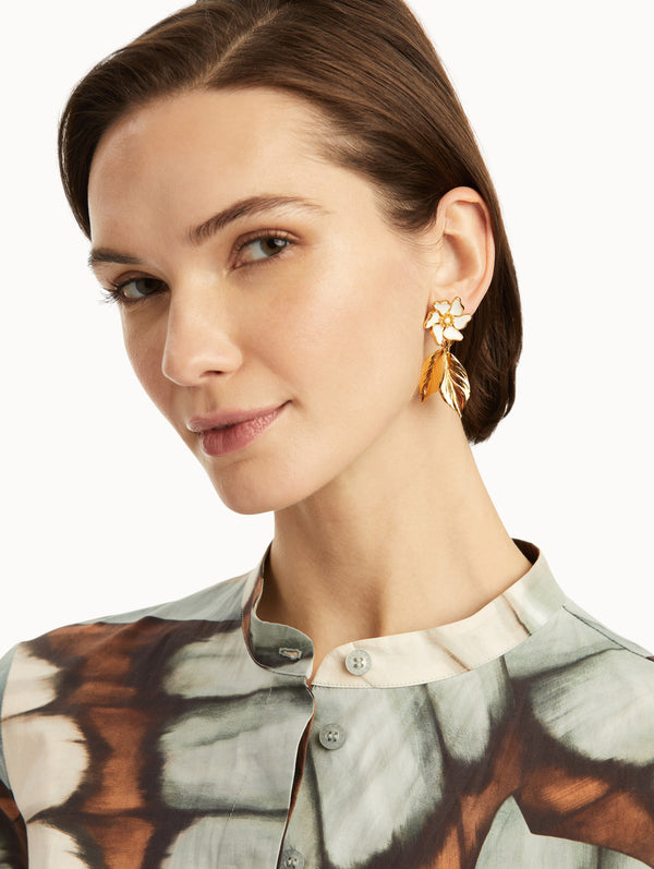 Oscar De La Renta Enamel Cherry Blossom Leaf Earrings