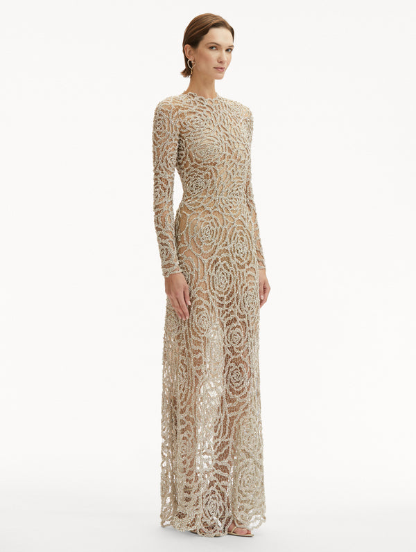 Oscar De La Renta English Rose Crystal Embroidered Gown