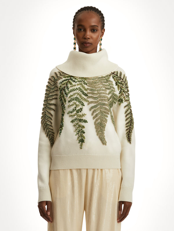 Oscar De La Renta Fern Crystal Embroidered Turtleneck
